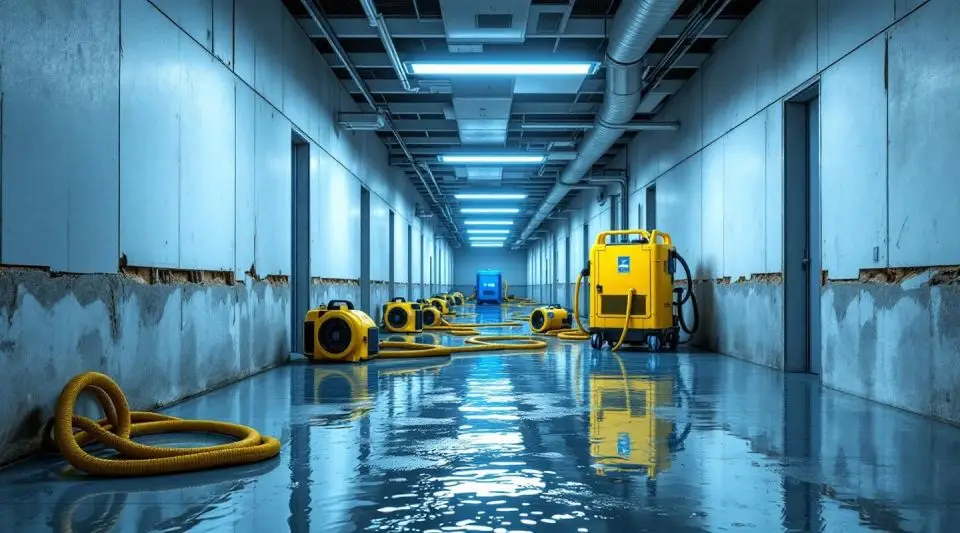 Professional restoration technicians deploying industrial water extraction equipment in an Inglewood commercial warehouse setting.
