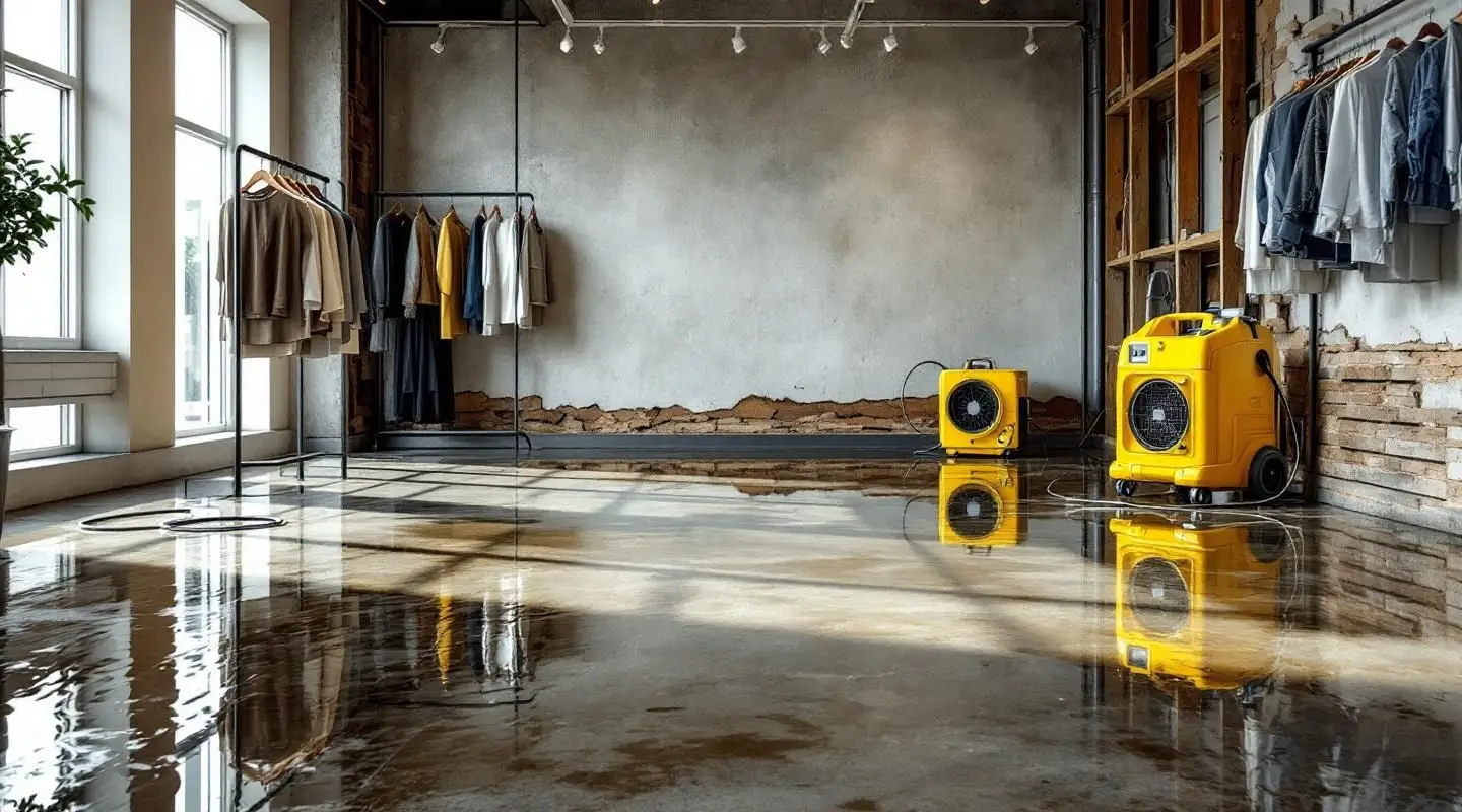 Professional restoration crew using industrial water extractors and air movers on a flooded retail showroom floor in Inglewood.