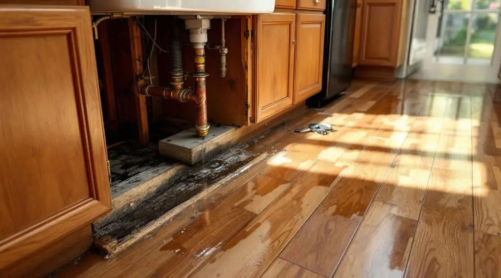 Restoration technician using a moisture meter to check for water behind kitchen cabinets in Inglewood