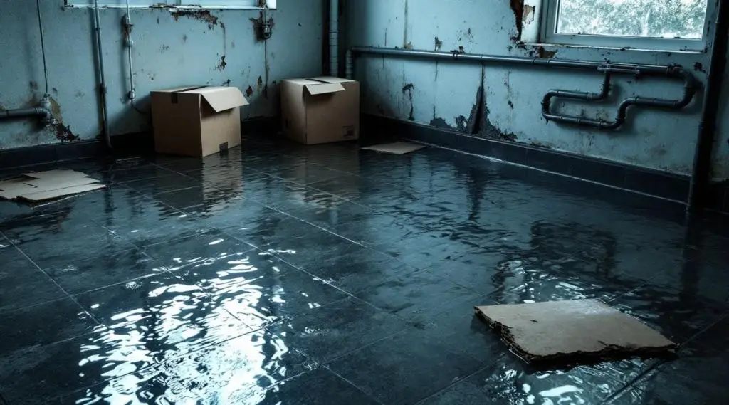 Professional restoration technician using high-capacity water extraction vacuum in a flooded Inglewood basement.