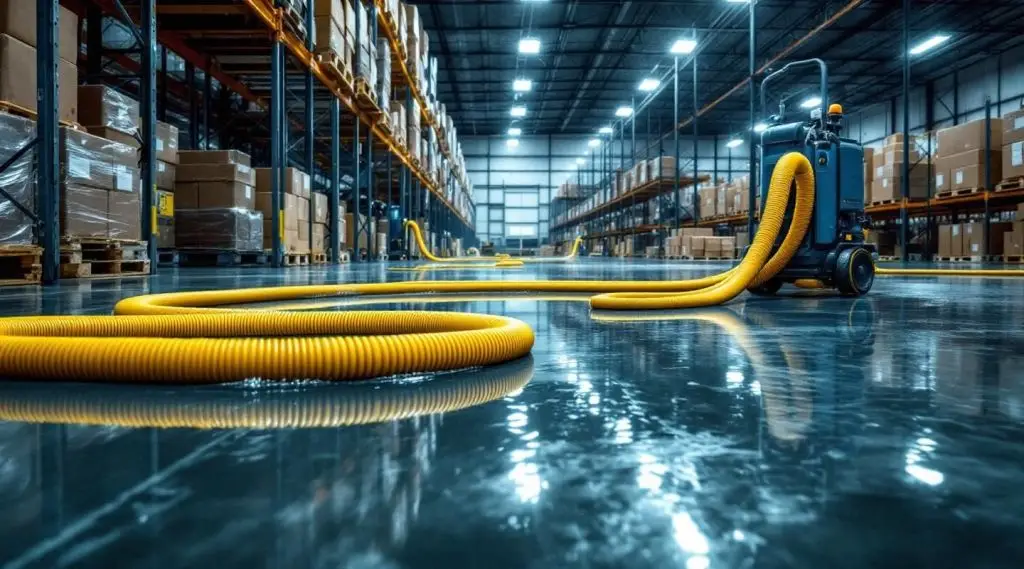 Industrial water extraction pumps clearing a flooded Inglewood warehouse floor under bright work lights.