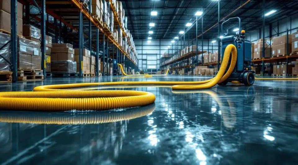 Industrial water extraction pumps clearing a flooded Inglewood warehouse floor under bright work lights.