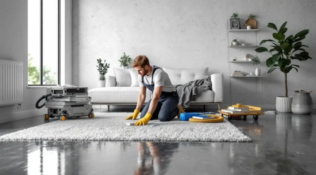 Professional restoration equipment drying a flooded living room in Inglewood.
