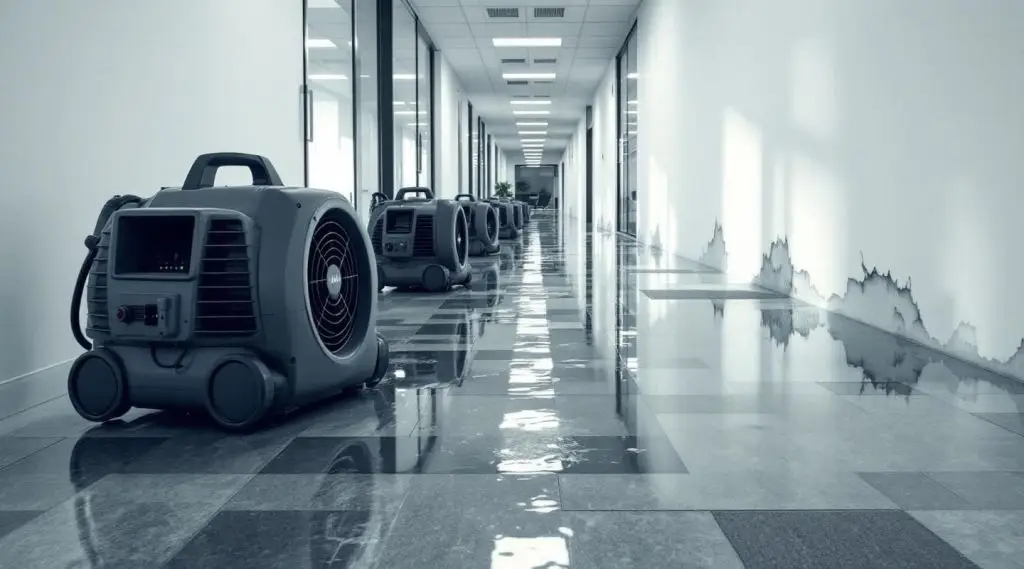 Professional restoration crew using industrial water extractors in a flooded Inglewood office lobby under cinematic lighting.