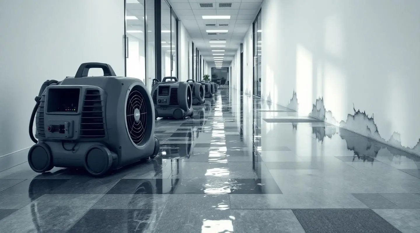 Professional restoration crew using industrial water extractors in a flooded Inglewood office lobby under cinematic lighting.