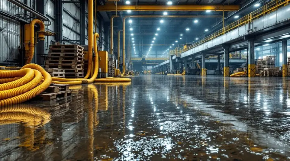 Professional water restoration crew using high-capacity extractors in a flooded Inglewood warehouse facility.