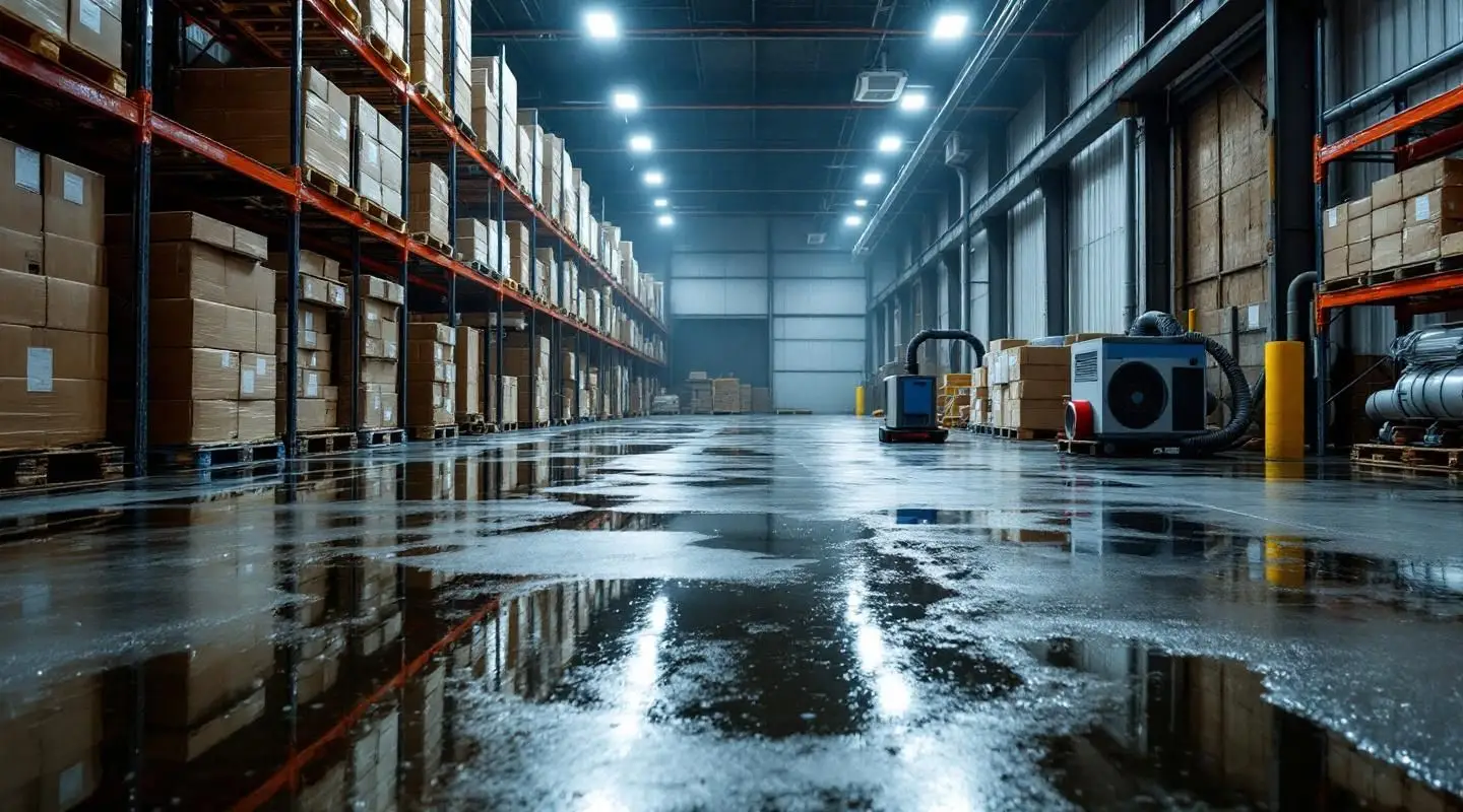 Professional restoration crew using industrial truck-mounted extractors in a large Inglewood warehouse facility.