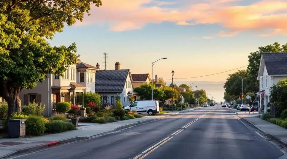 A wide cinematic view of a Hawthorne residential street at dusk, featuring mid-century stucco homes and a service vehicle.
