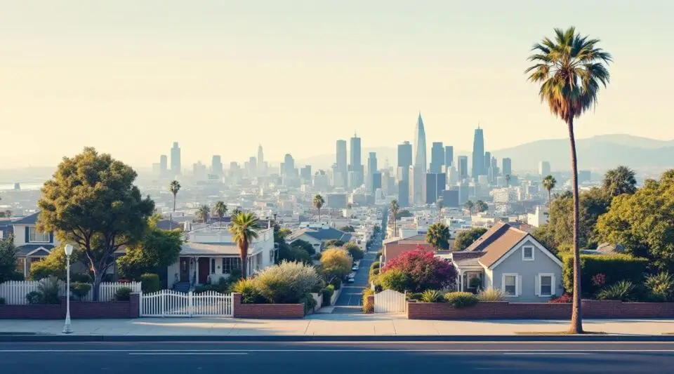 A white restoration service truck parked on a palm-lined Los Angeles residential street with Spanish-style bungalows.