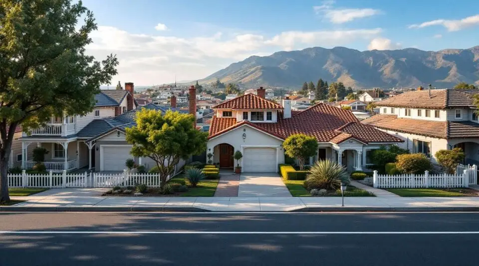 A professional restoration vehicle parked on a residential Lawndale street lined with mid-century stucco-sided homes.