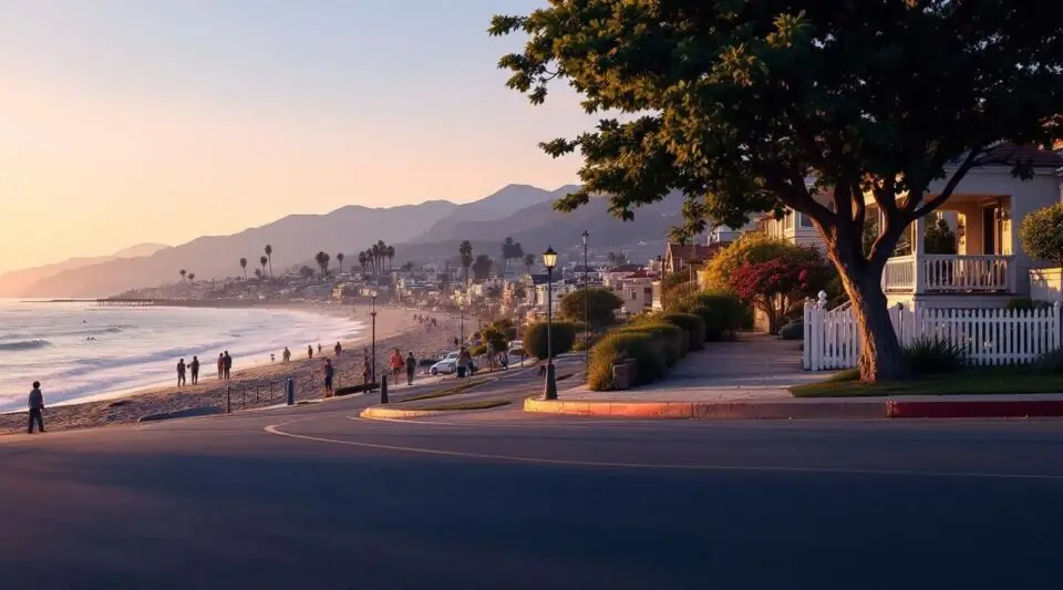 A professional restoration van parked near the Manhattan Beach Strand at sunrise with the pier in the background.