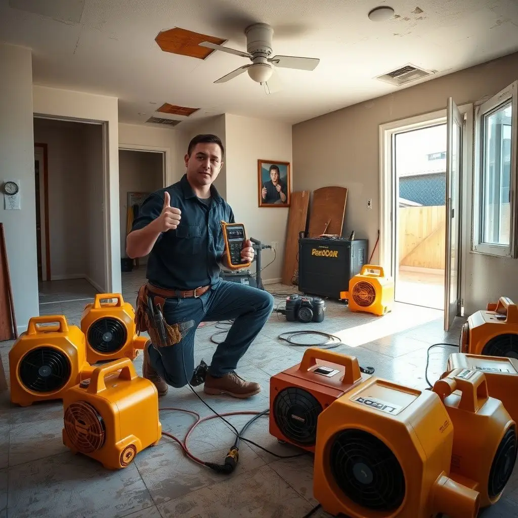 A restoration professional setting up industrial air movers and a dehumidifier in a South Gate living room to dry out water damage.