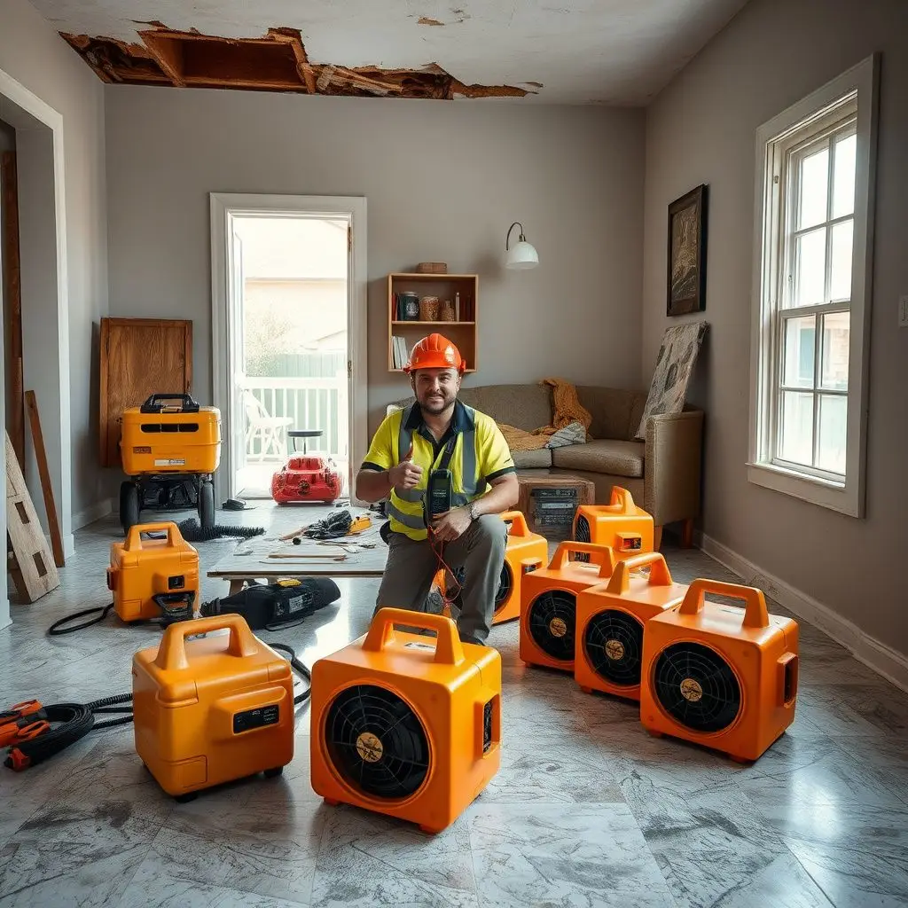 Industrial air movers and dehumidifiers professionally placed in a Compton living room to dry out water-damaged flooring.