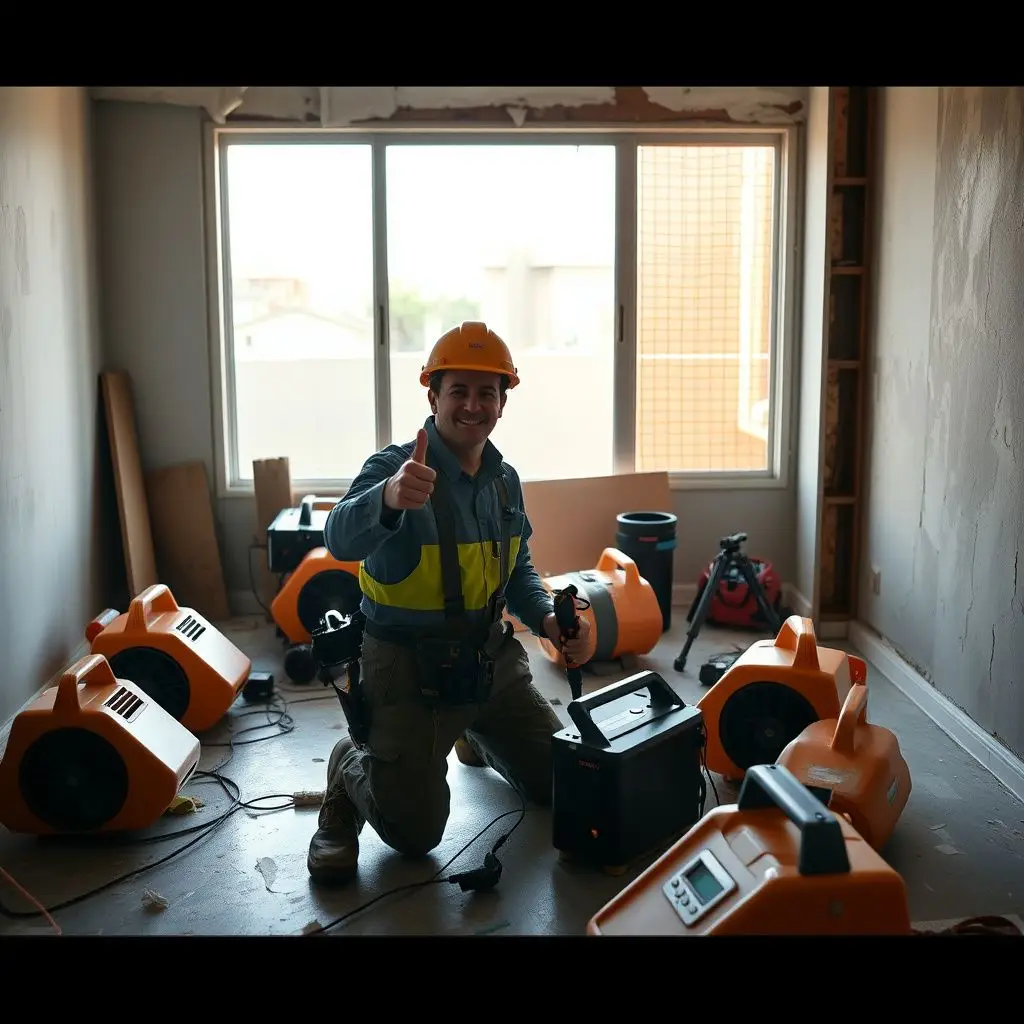 A technician using a moisture meter to check for hidden water damage behind a stucco wall in a Santa Monica home.