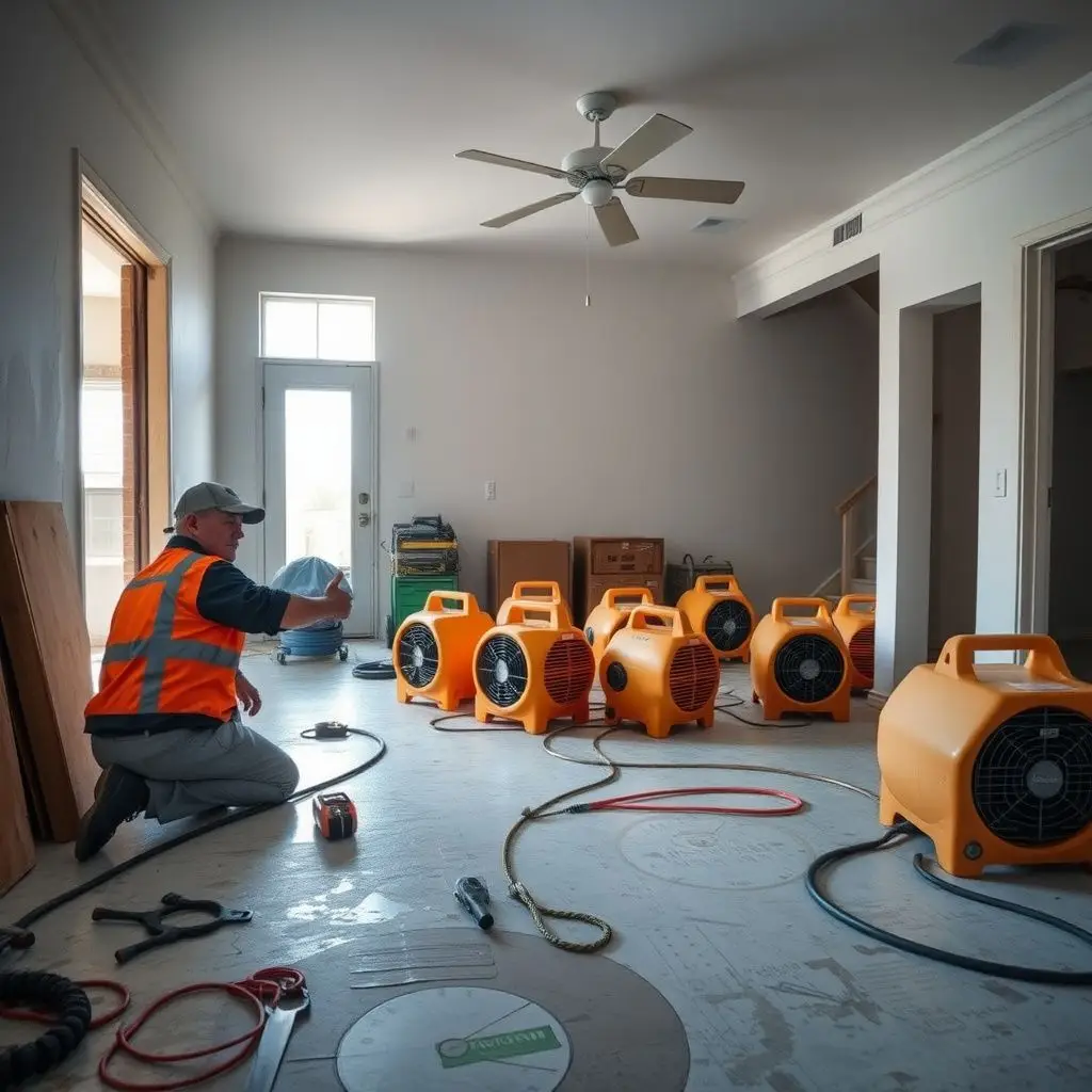 An IICRC-certified technician using a moisture meter to check for drywall saturation in a Carson apartment building.